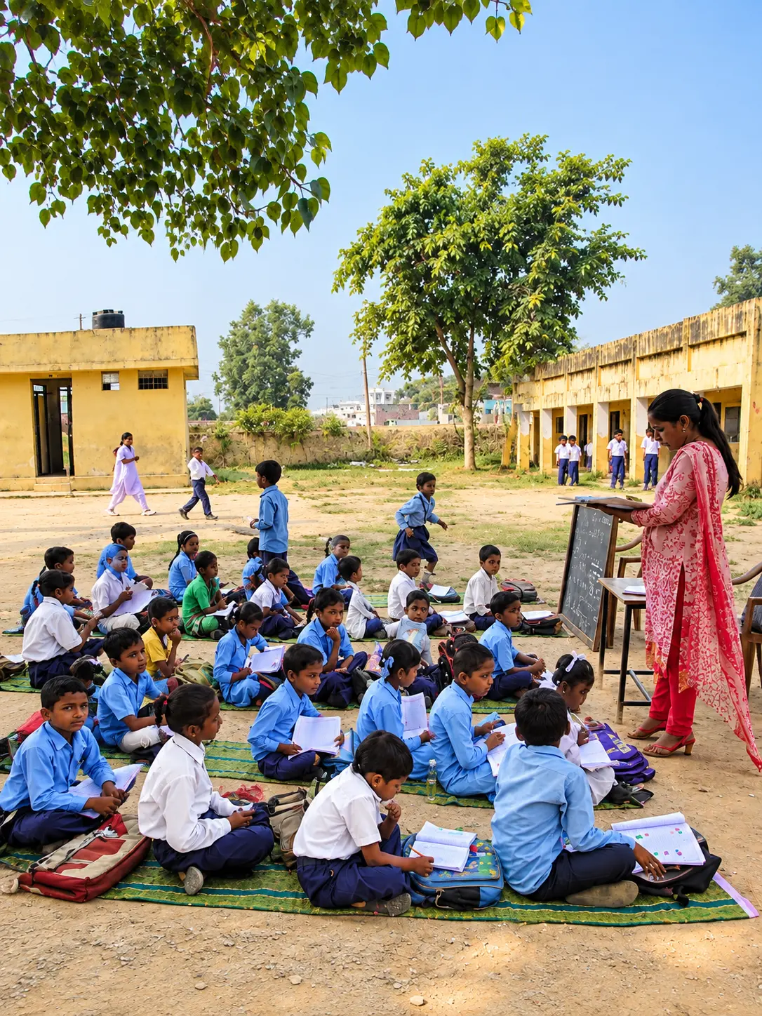 Children learning with a teacher in an outdoor classroom